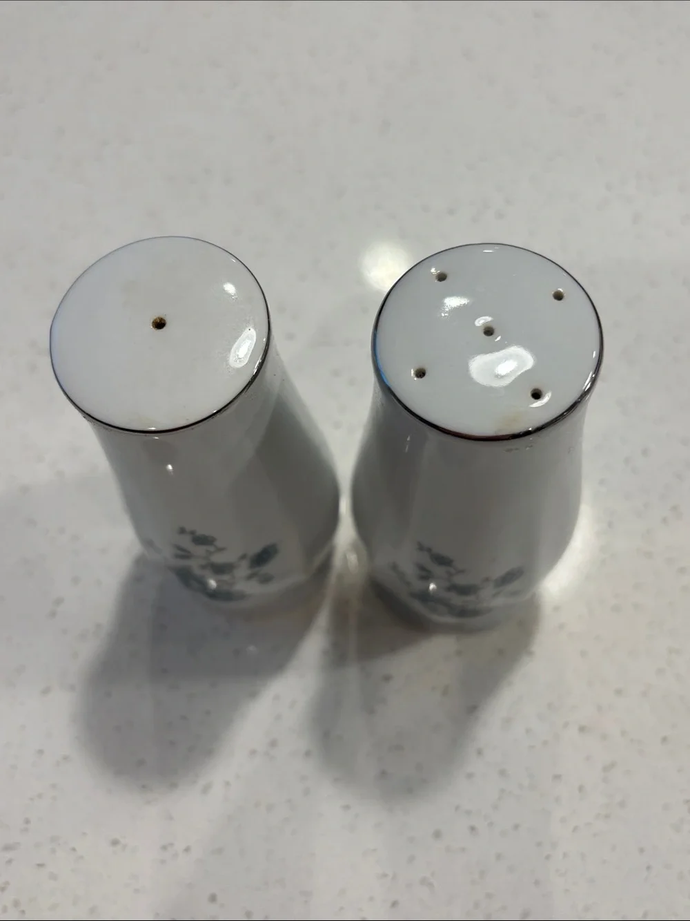 Porcelain Floral Salt and Pepper Shakers - White with Blue Floral Accent